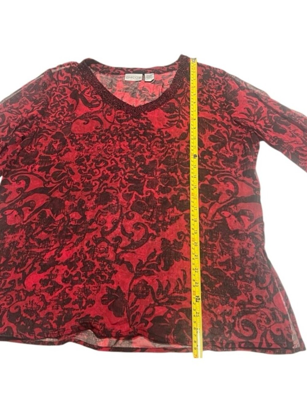 Chico's Deep Red & Black Beaded V Neck Long Sleeves Sheer Silk Top Size Large - Picture 9 of 10